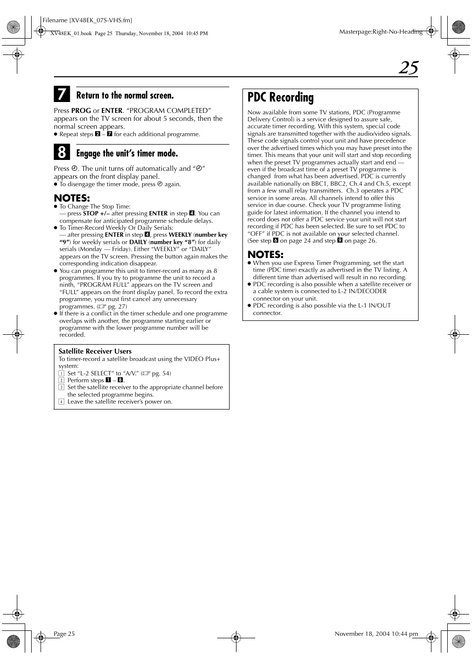 Pdc recording, Return to the normal screen, Engage the unit’s timer mode | JVC LPT0991-001A User Manual | Page 25 / 72