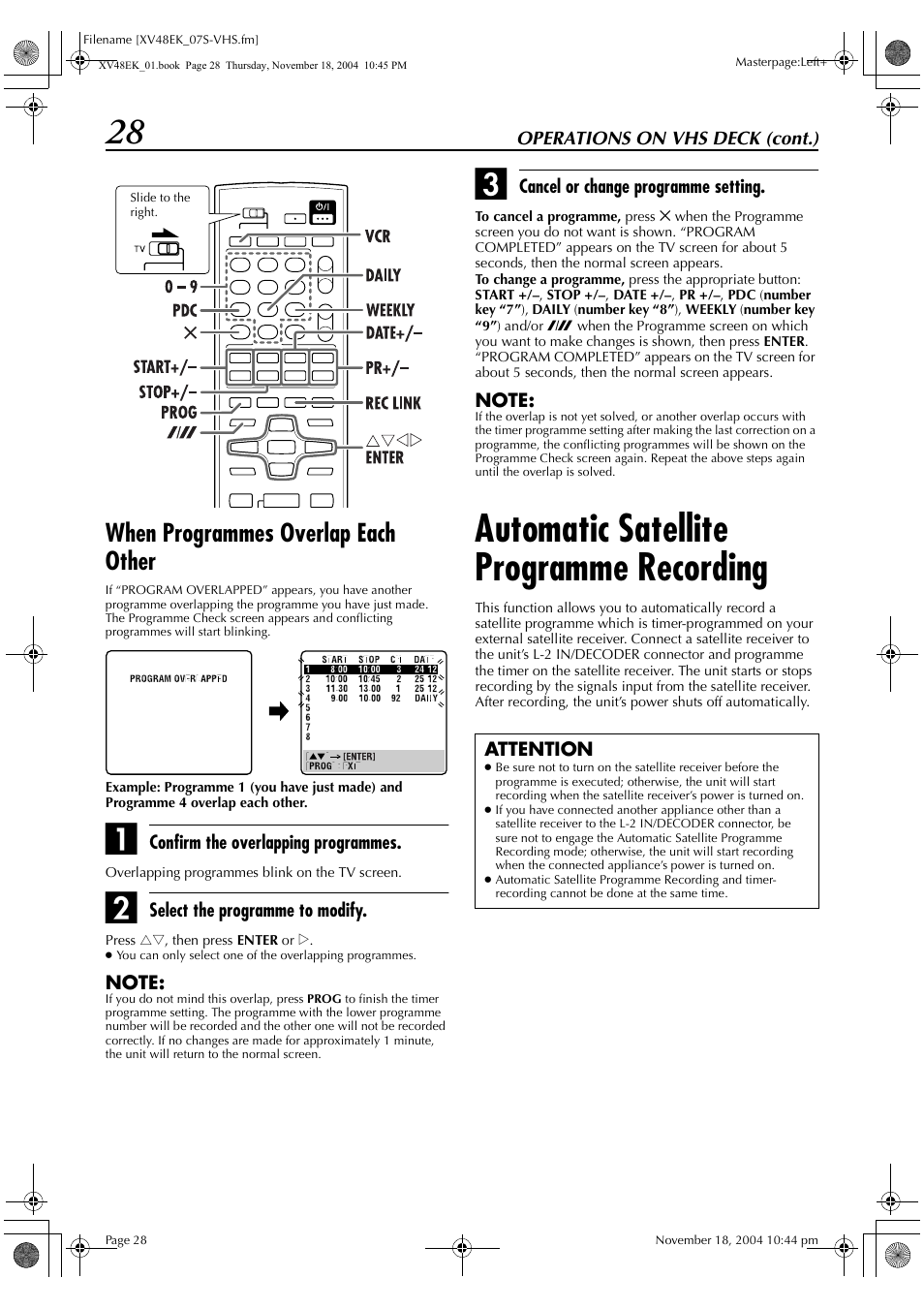 Automatic satellite programme recording, When programmes overlap each other | JVC LPT0991-001A User Manual | Page 28 / 72
