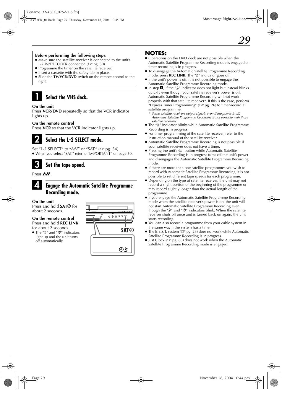 Select the vhs deck, Select the l-2 select mode, Set the tape speed | JVC LPT0991-001A User Manual | Page 29 / 72