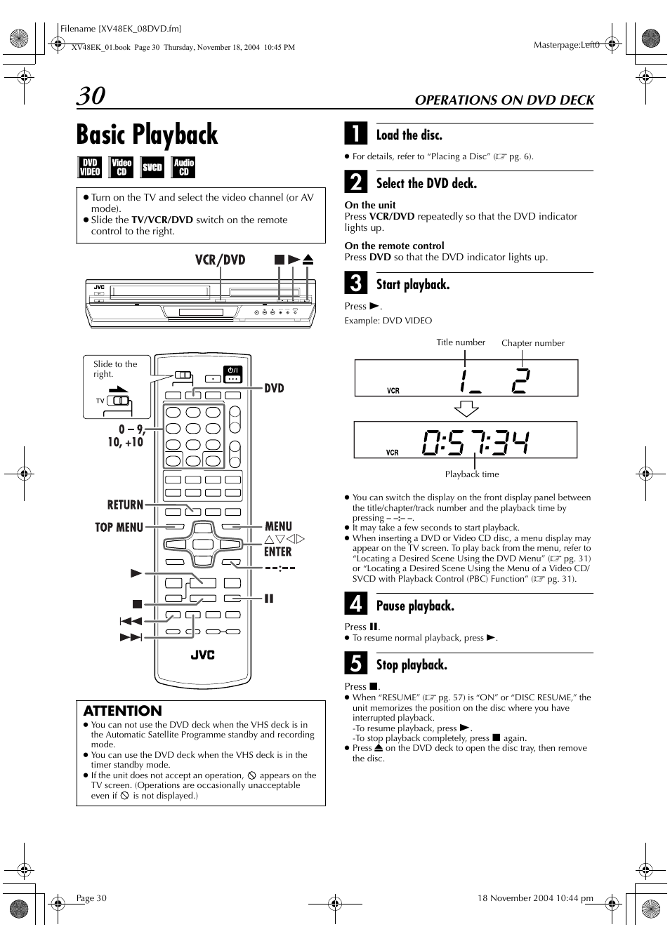 Operations on dvd deck, Basic playback | JVC LPT0991-001A User Manual | Page 30 / 72