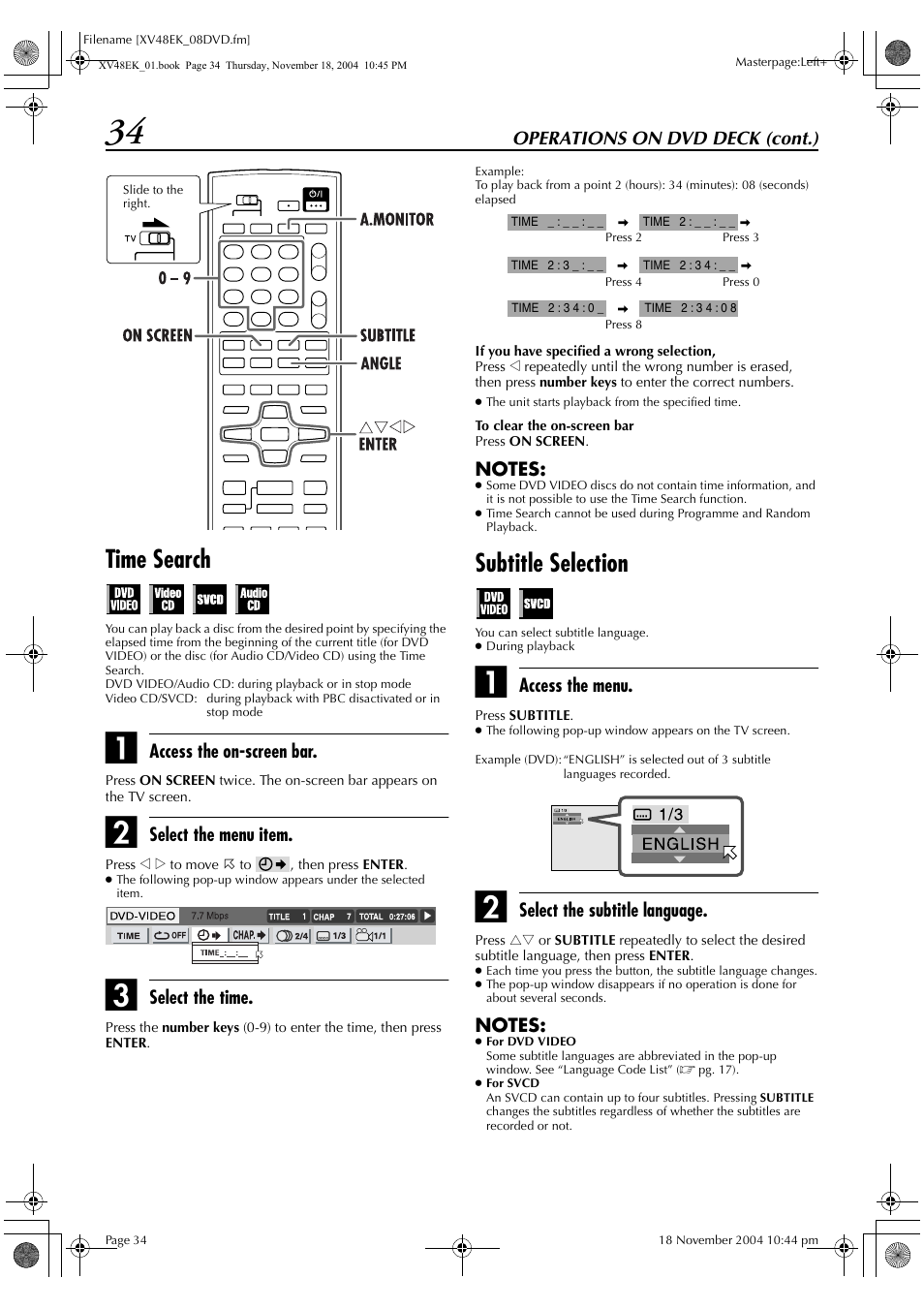 Time search, Subtitle selection | JVC LPT0991-001A User Manual | Page 34 / 72