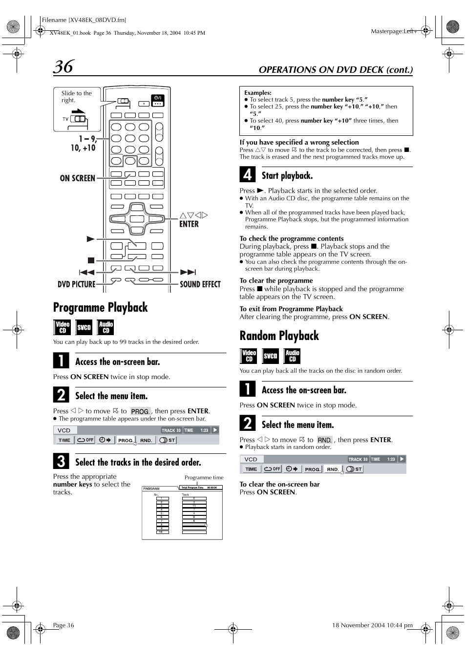 Programme playback, Random playback | JVC LPT0991-001A User Manual | Page 36 / 72