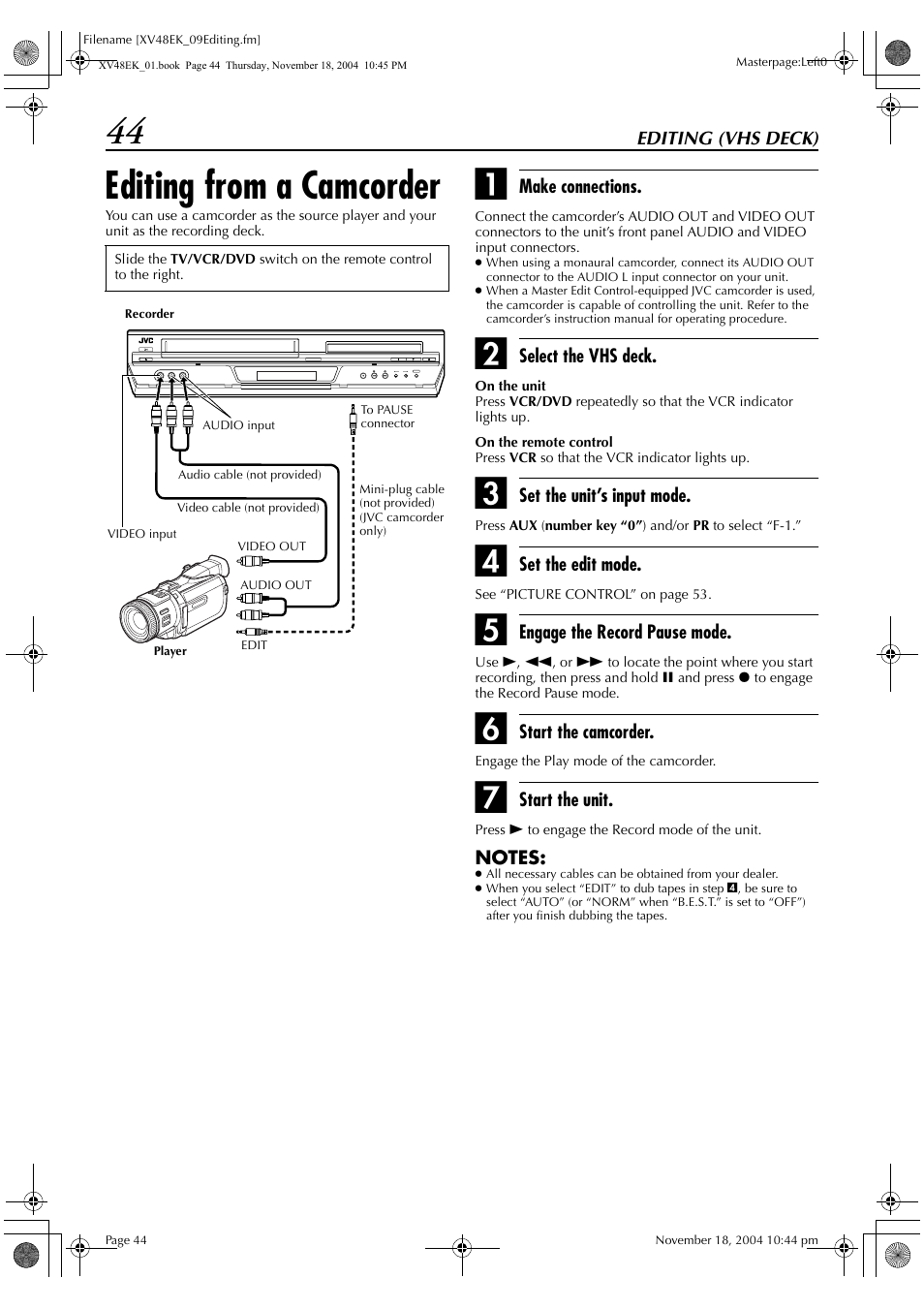 Editing (vhs deck), Editing from a camcorder | JVC LPT0991-001A User Manual | Page 44 / 72