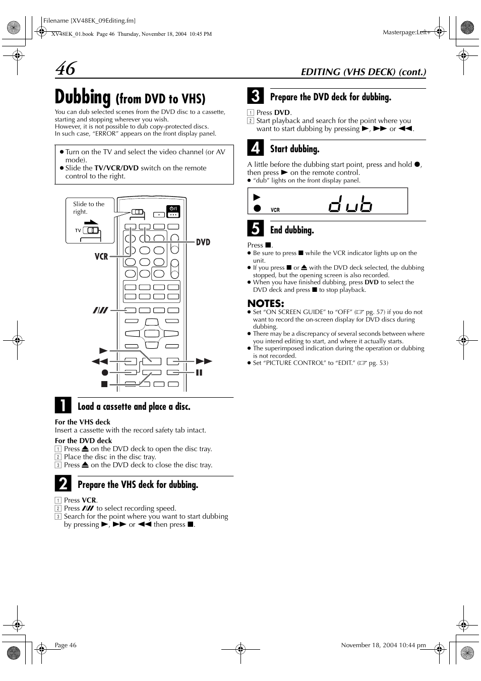 Dubbing (from dvd to vhs), 46 dubbing | JVC LPT0991-001A User Manual | Page 46 / 72