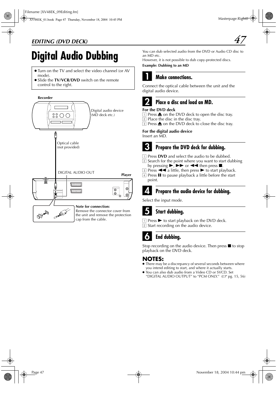 Editing (dvd deck), Digital audio dubbing | JVC LPT0991-001A User Manual | Page 47 / 72