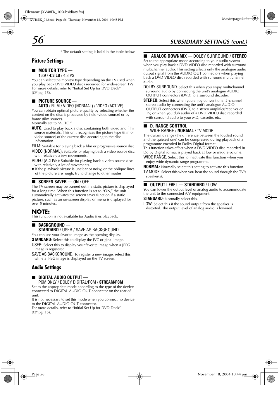 Subsidiary settings (cont.), Picture settings, Audio settings | JVC LPT0991-001A User Manual | Page 56 / 72
