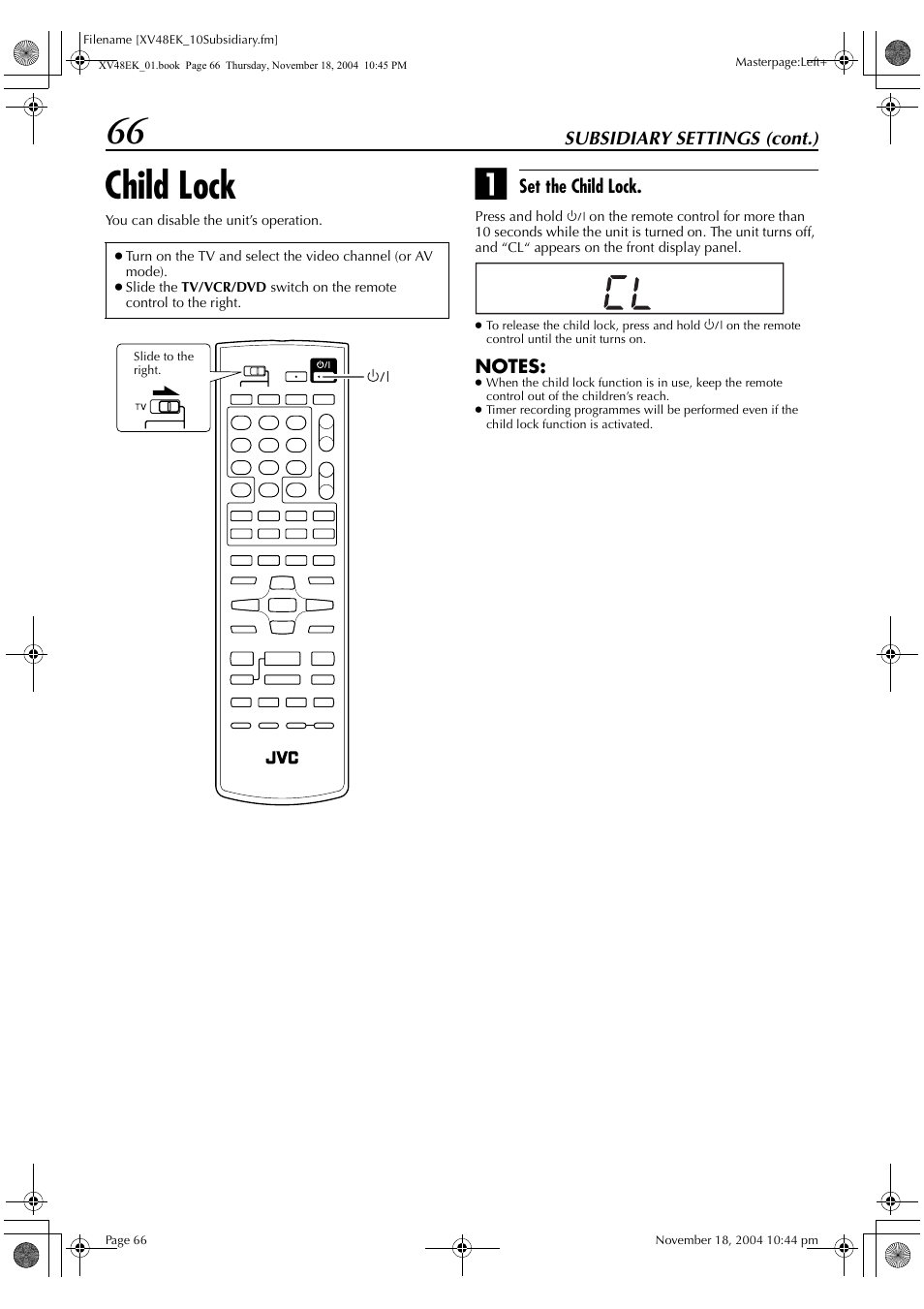 Child lock, 66 child lock, Subsidiary settings (cont.) | Set the child lock | JVC LPT0991-001A User Manual | Page 66 / 72