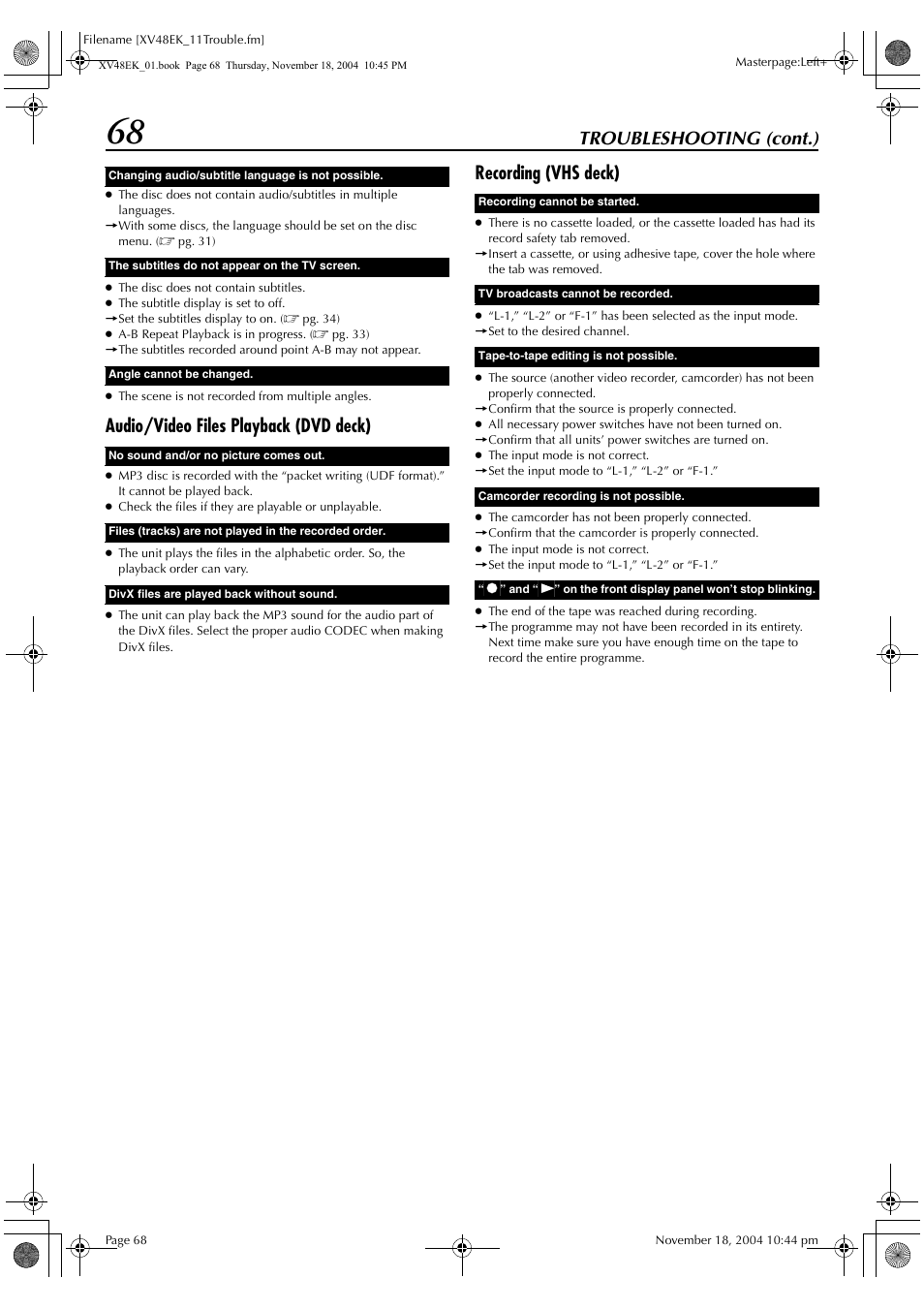 Troubleshooting (cont.), Audio/video files playback (dvd deck), Recording (vhs deck) | JVC LPT0991-001A User Manual | Page 68 / 72