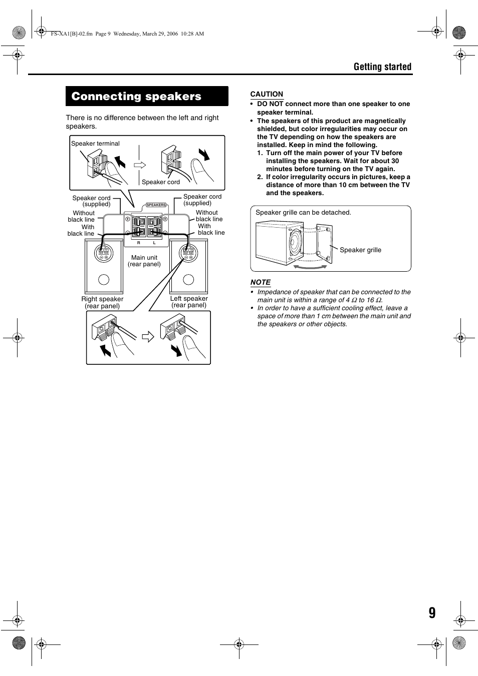 Connecting speakers, Getting started | JVC CA-FSXA1 User Manual | Page 13 / 48