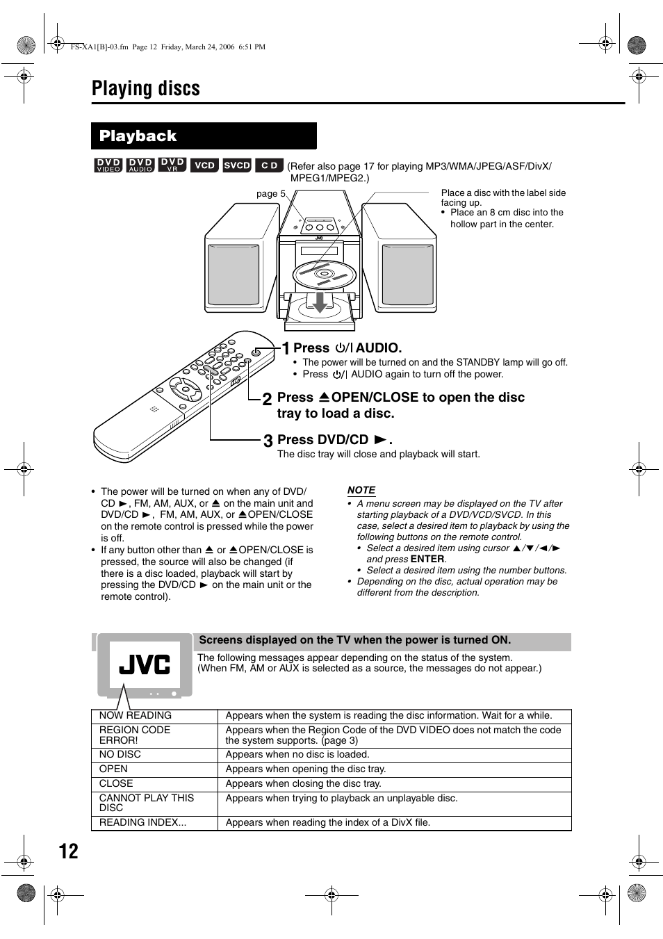 Playing discs, Playback, Press audio | Press dvd/cd | JVC CA-FSXA1 User Manual | Page 16 / 48