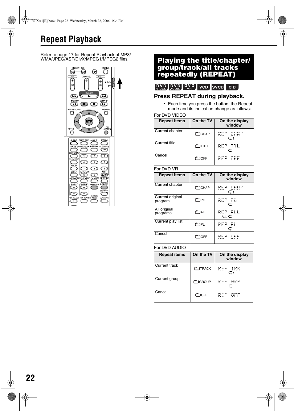 Repeat playback, Press repeat during playback | JVC CA-FSXA1 User Manual | Page 26 / 48