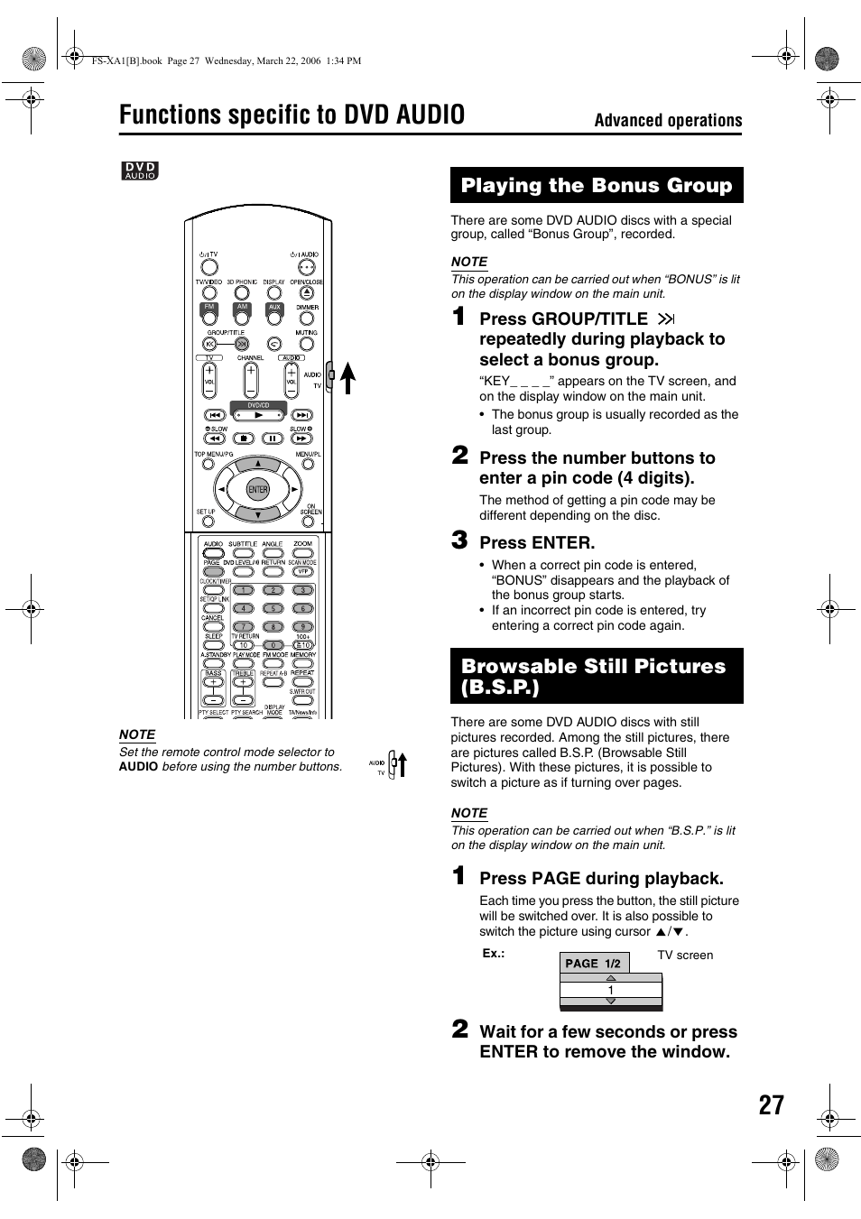 Functions specific to dvd audio, Playing the bonus group, Browsable still pictures (b.s.p.) | JVC CA-FSXA1 User Manual | Page 31 / 48