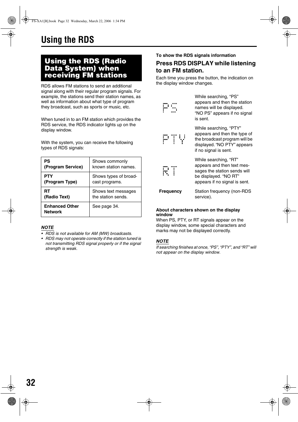 Using the rds, Press rds display while listening to an fm station | JVC CA-FSXA1 User Manual | Page 36 / 48