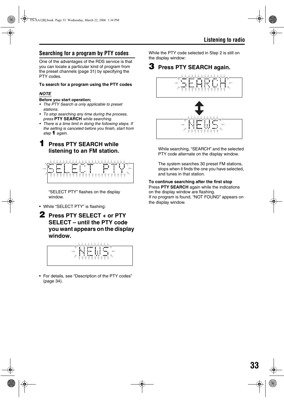 Searching for a program by pty codes, Press pty search while listening to an fm station, Press pty search again | Listening to radio | JVC CA-FSXA1 User Manual | Page 37 / 48