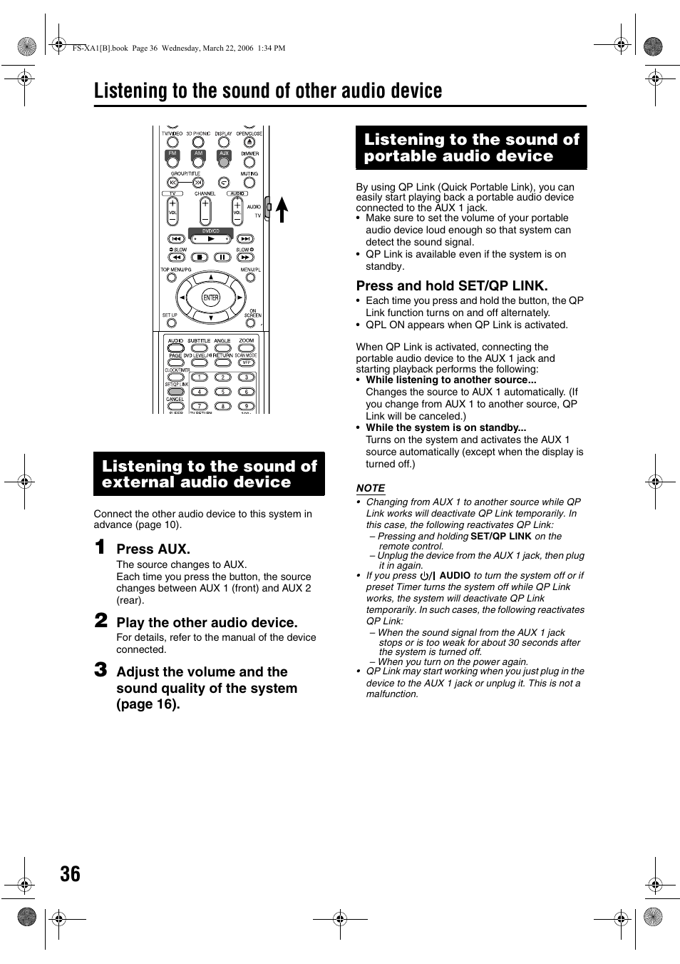 Listening to the sound of other audio device, Listening to the sound of external audio device, Listening to the sound of portable audio device | JVC CA-FSXA1 User Manual | Page 40 / 48