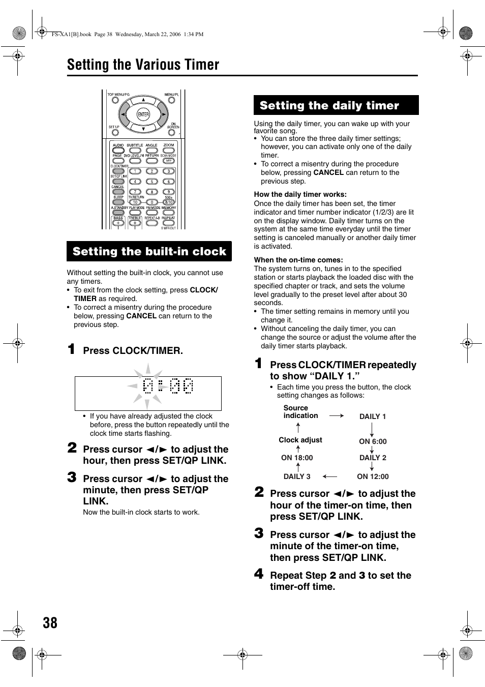 Setting the various timer, Setting the built-in clock, Setting the daily timer | JVC CA-FSXA1 User Manual | Page 42 / 48