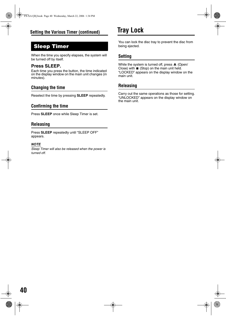 Sleep timer, Tray lock | JVC CA-FSXA1 User Manual | Page 44 / 48