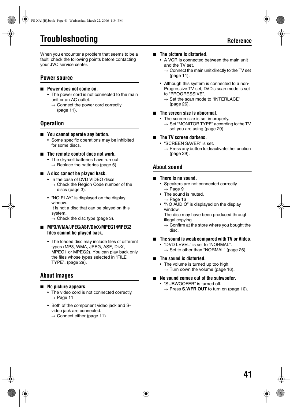 Troubleshooting, Power source, Operation | About images, About sound, Reference | JVC CA-FSXA1 User Manual | Page 45 / 48