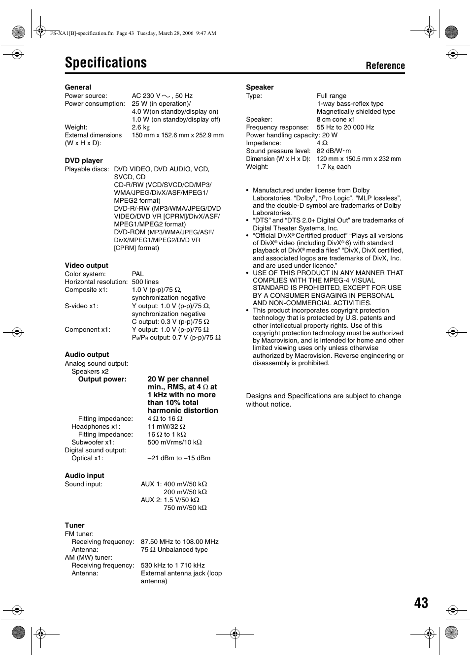 Specifications, Reference | JVC CA-FSXA1 User Manual | Page 47 / 48