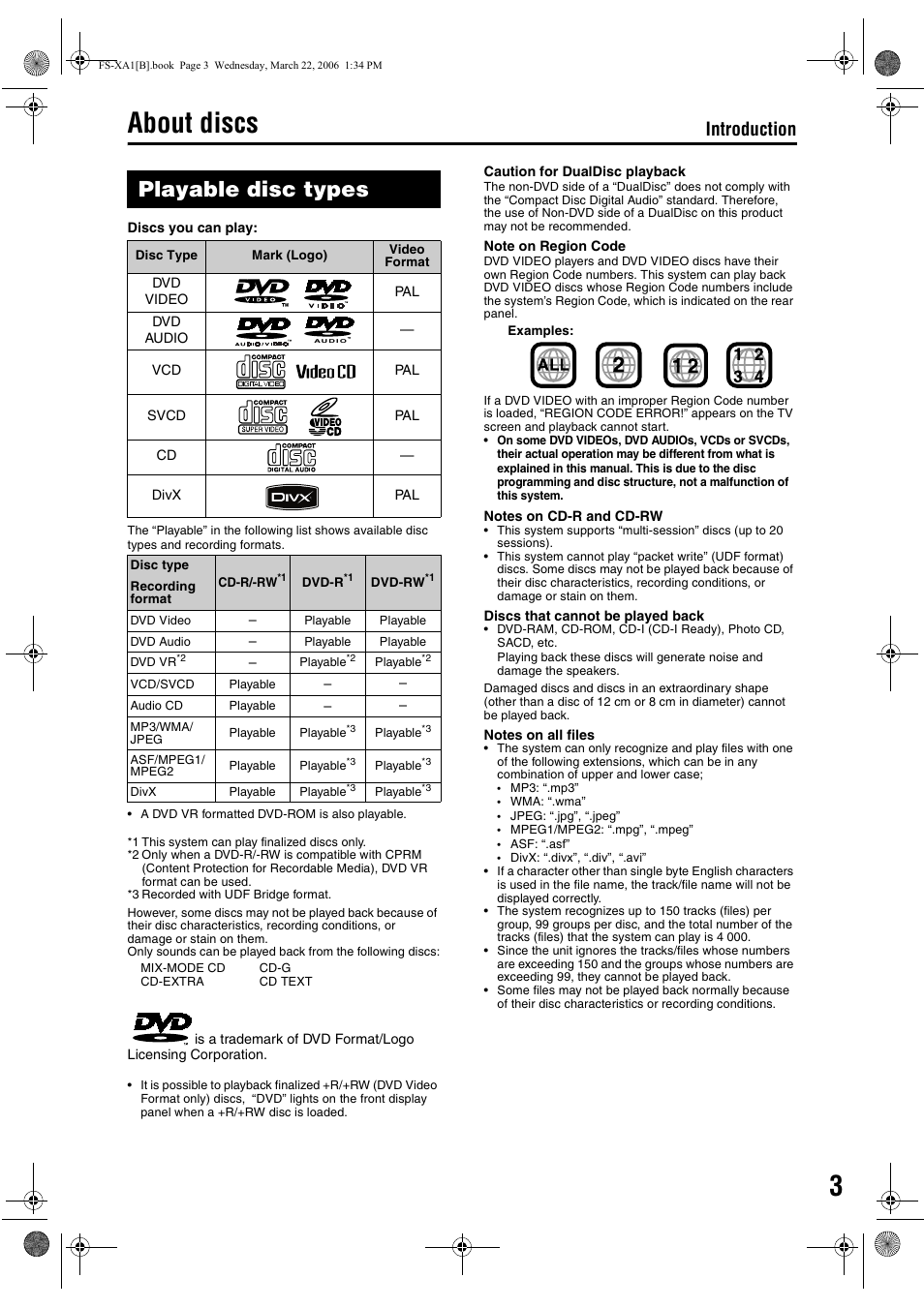 About discs, Playable disc types, 3about discs | Introduction | JVC CA-FSXA1 User Manual | Page 7 / 48