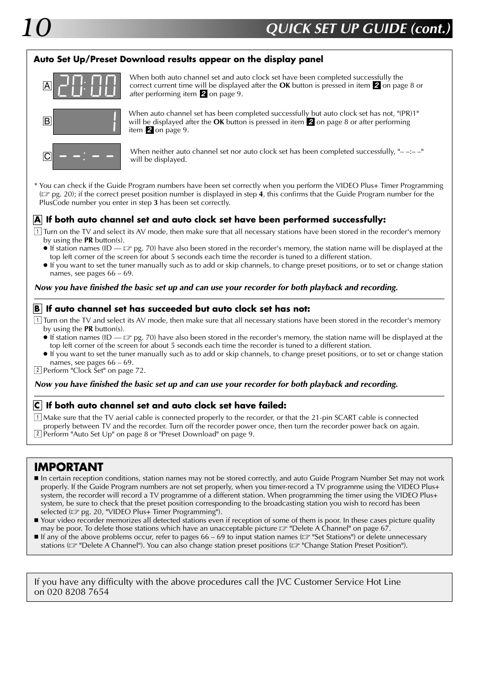 Quick set up guide (cont.), Important | JVC SR-VS20EK User Manual | Page 10 / 84