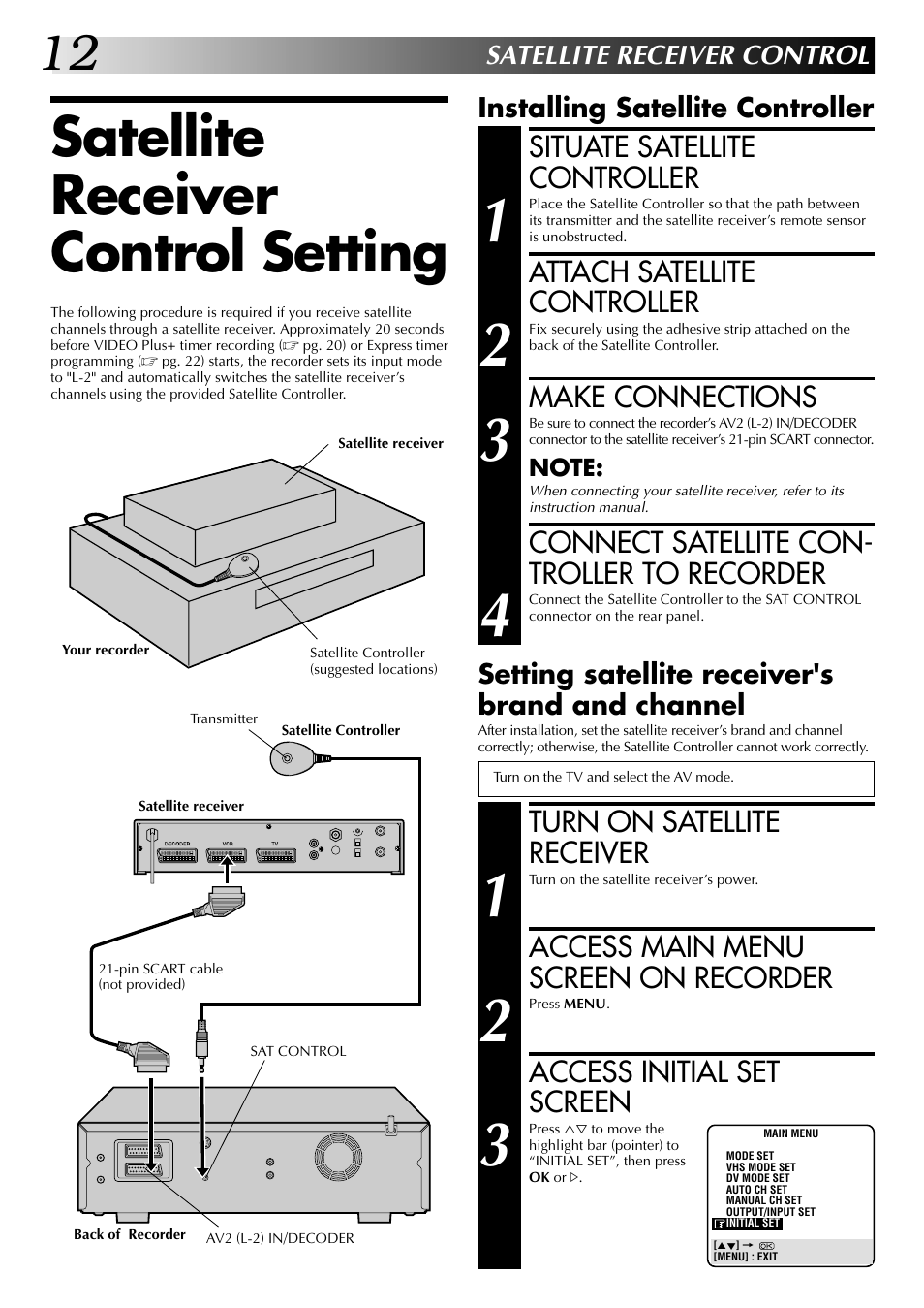 Satellite receiver control, Satellite receiver control setting | JVC SR-VS20EK User Manual | Page 12 / 84