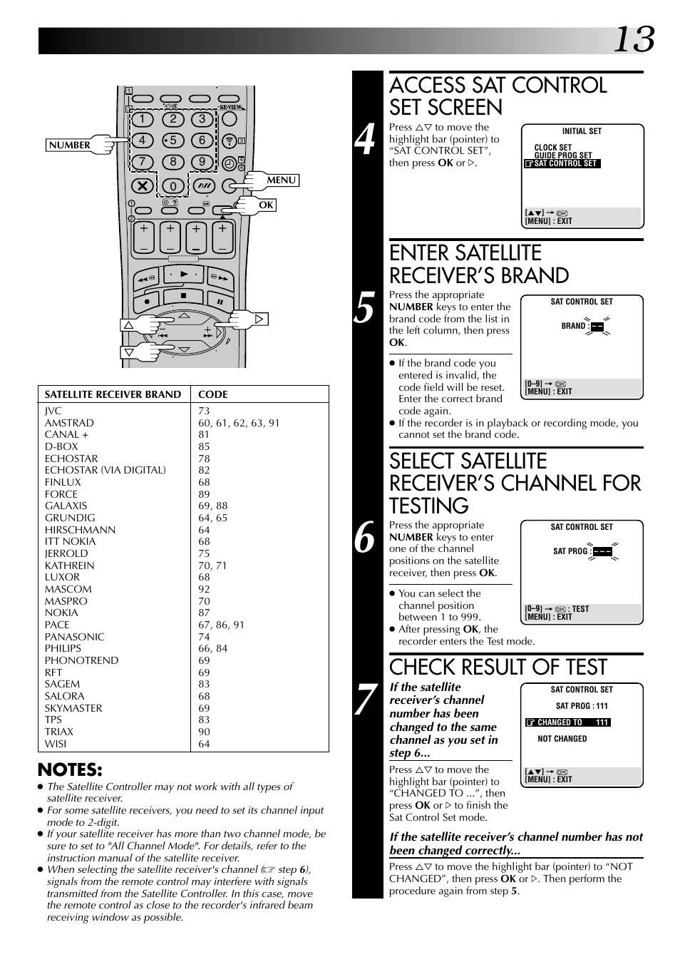 Access sat control set screen, Enter satellite receiver’s brand, Select satellite receiver’s channel for testing | Check result of test | JVC SR-VS20EK User Manual | Page 13 / 84