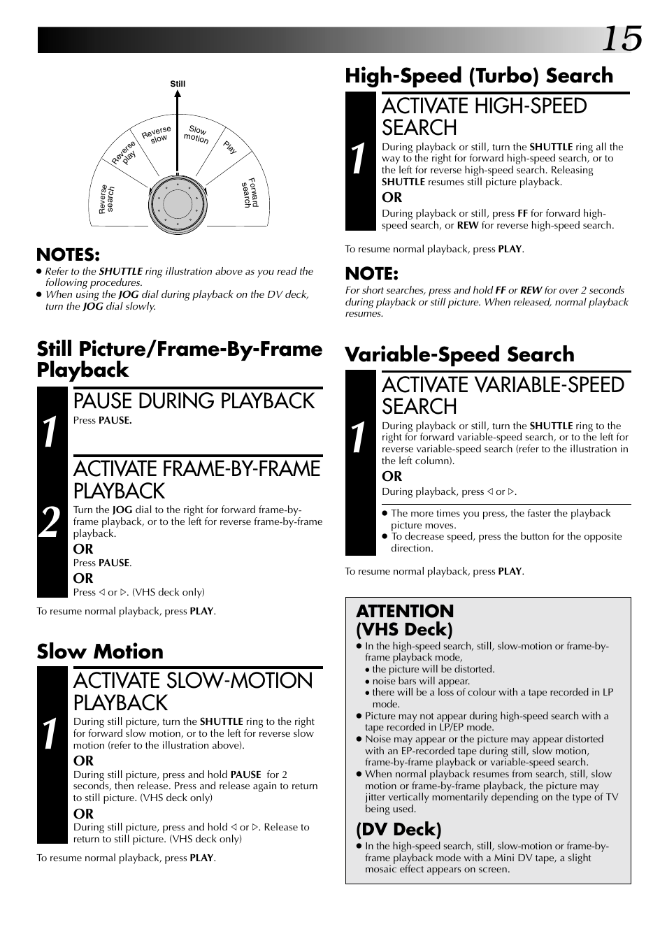 Activate slow-motion playback, Pause during playback, Activate frame-by-frame playback | Activate high-speed search, Activate variable-speed search, Slow motion, Still picture/frame-by-frame playback, High-speed (turbo) search, Variable-speed search, Attention (vhs deck) | JVC SR-VS20EK User Manual | Page 15 / 84