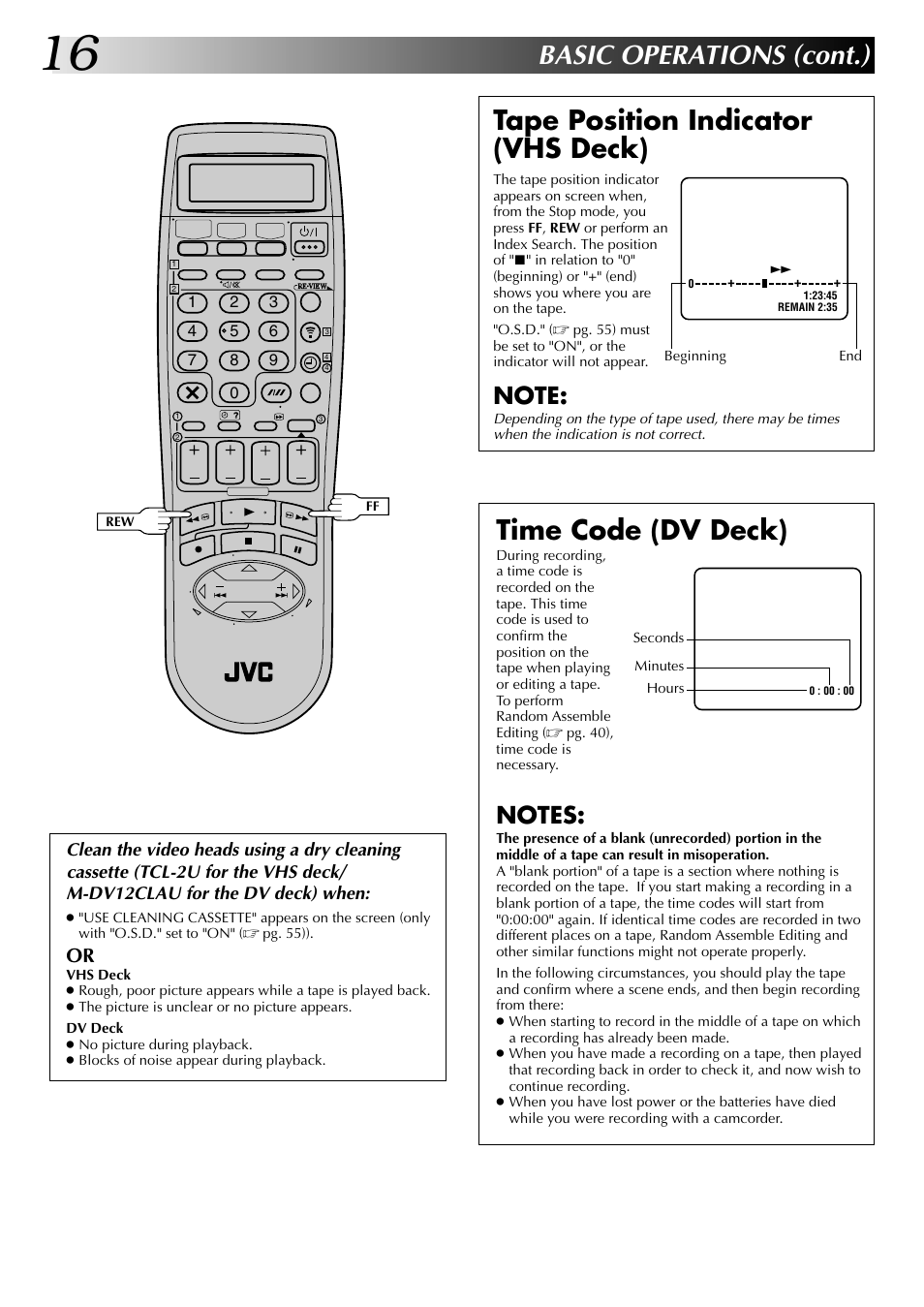 Basic operations (cont.), Time code (dv deck), Tape position indicator (vhs deck) | JVC SR-VS20EK User Manual | Page 16 / 84