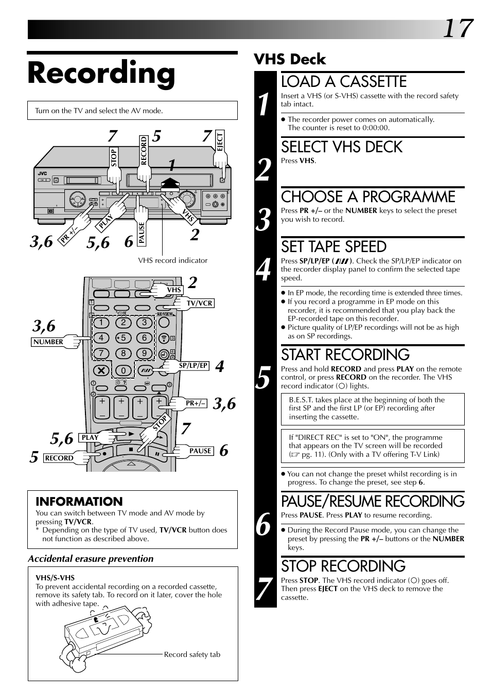 Recording, Load a cassette, Select vhs deck | Choose a programme, Set tape speed, Start recording, Pause/resume recording, Stop recording, Vhs deck | JVC SR-VS20EK User Manual | Page 17 / 84