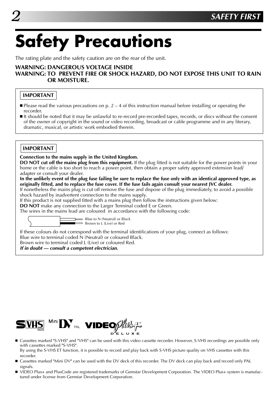 Safety first, Safety precautions | JVC SR-VS20EK User Manual | Page 2 / 84