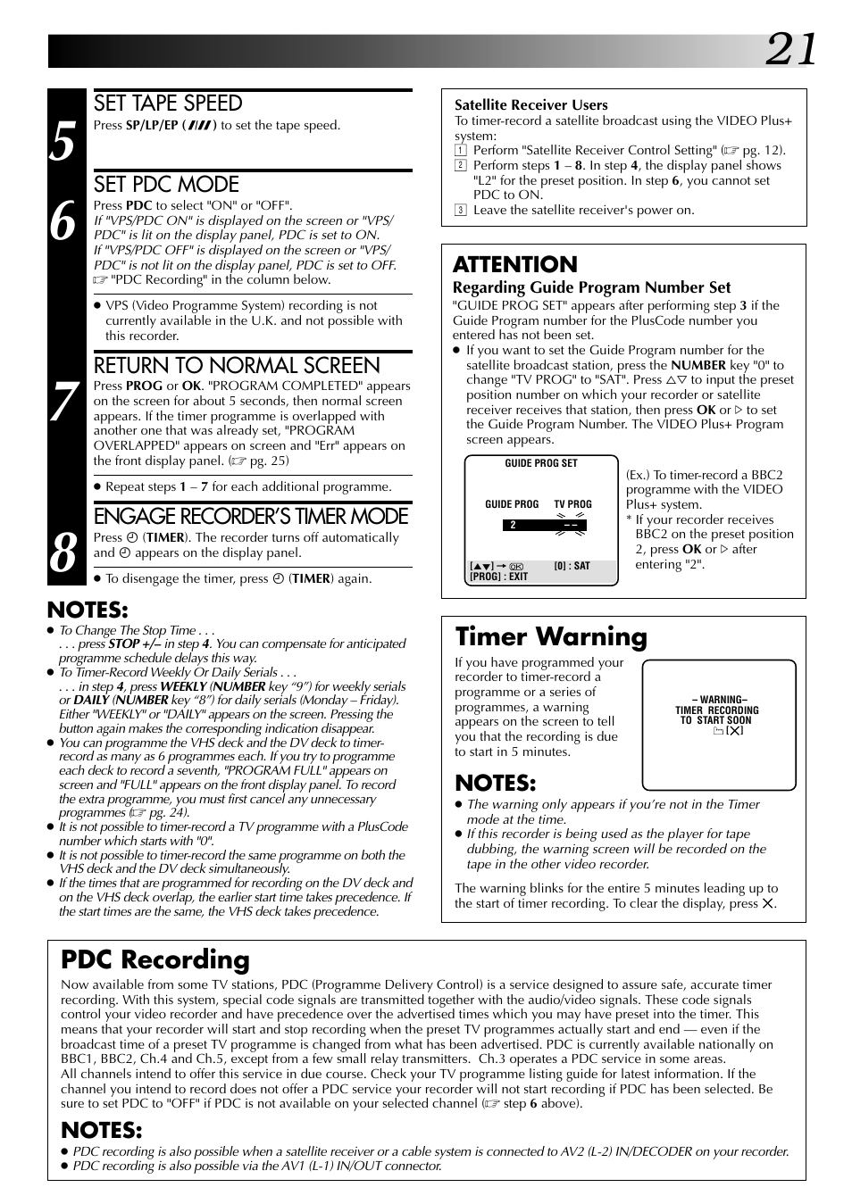 Pdc recording timer warning, Set tape speed, Set pdc mode | Return to normal screen, Engage recorder’s timer mode, Attention | JVC SR-VS20EK User Manual | Page 21 / 84