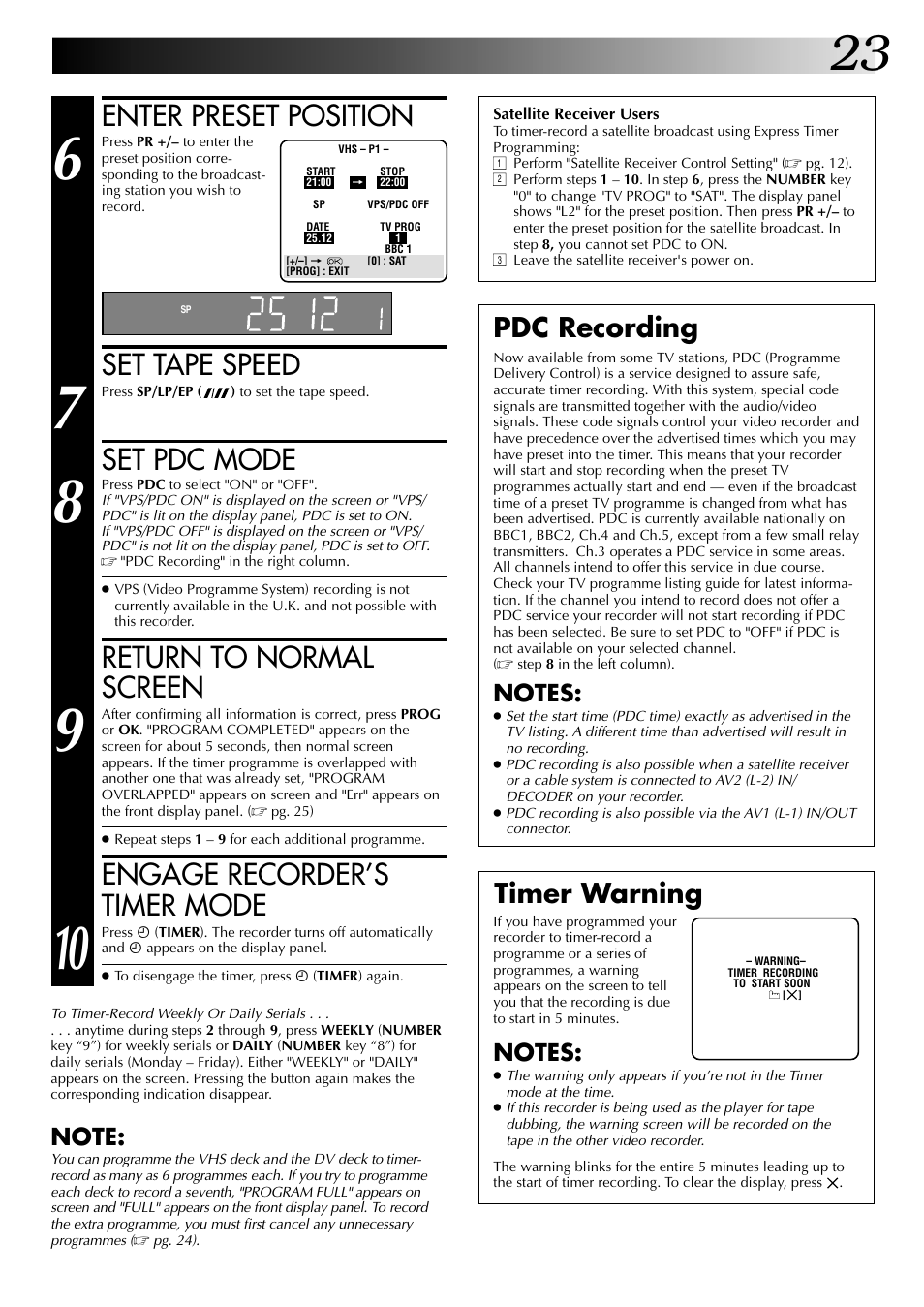 Enter preset position, Set tape speed, Set pdc mode | Return to normal screen, Engage recorder’s timer mode, Pdc recording timer warning | JVC SR-VS20EK User Manual | Page 23 / 84