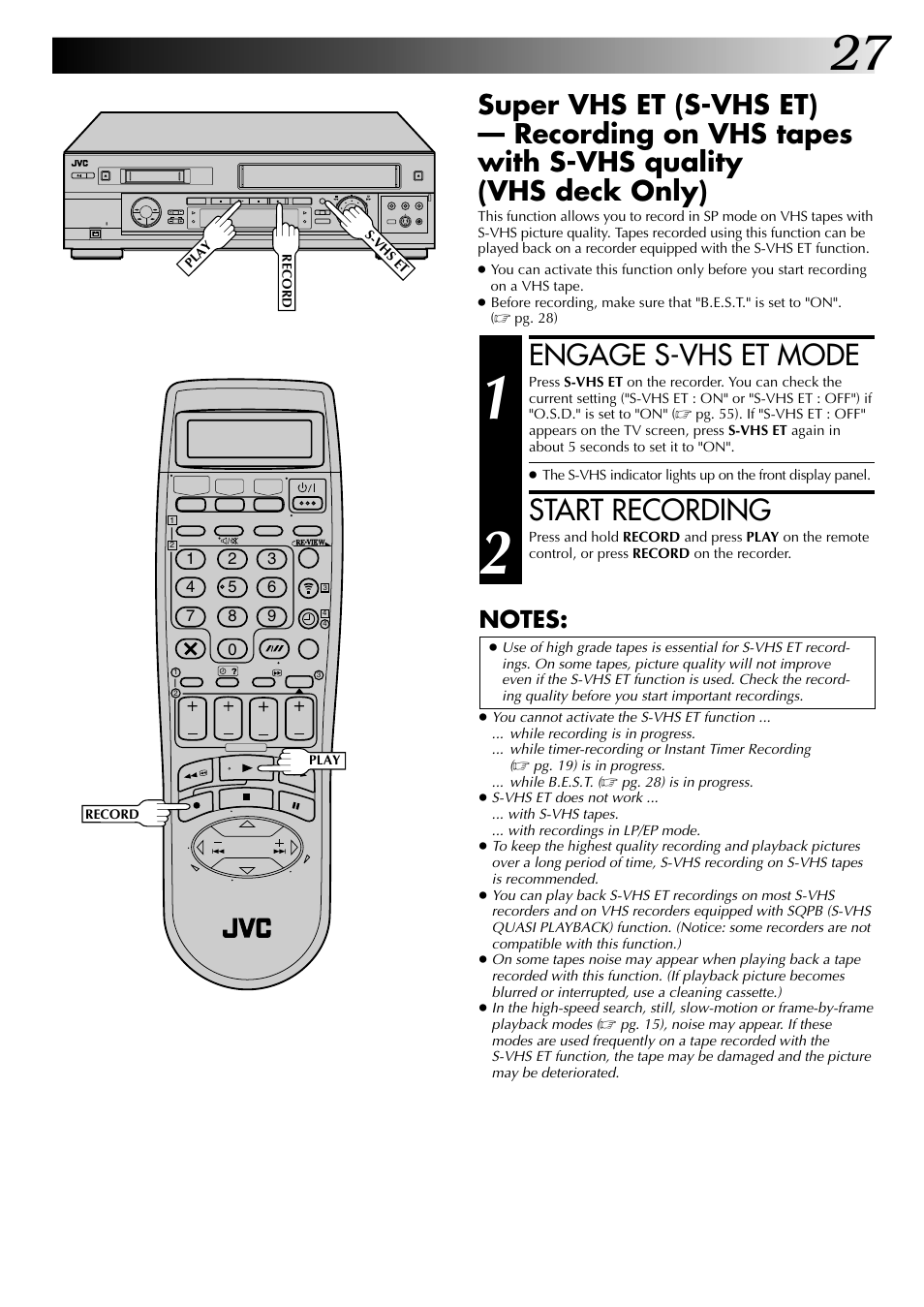 Engage s-vhs et mode, Start recording | JVC SR-VS20EK User Manual | Page 27 / 84