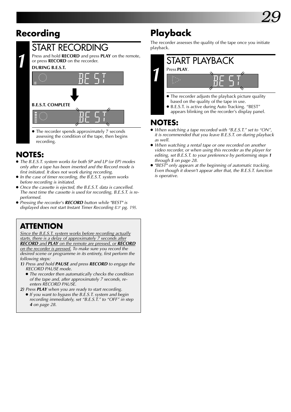 Start recording, Start playback, Recording | Playback, Attention | JVC SR-VS20EK User Manual | Page 29 / 84