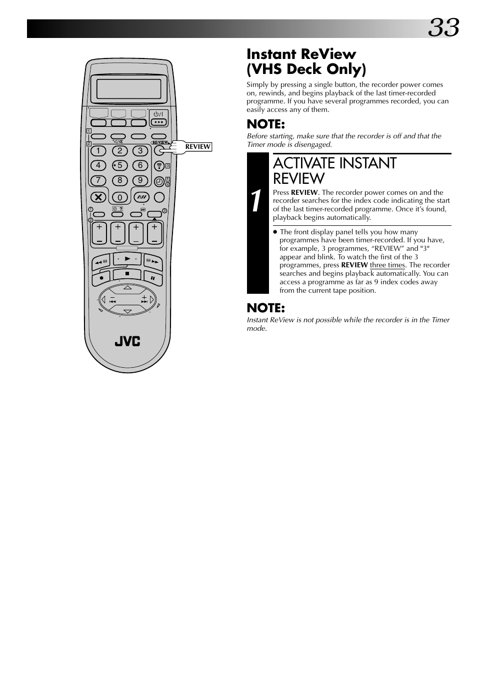 Activate instant review, Instant review (vhs deck only) | JVC SR-VS20EK User Manual | Page 33 / 84