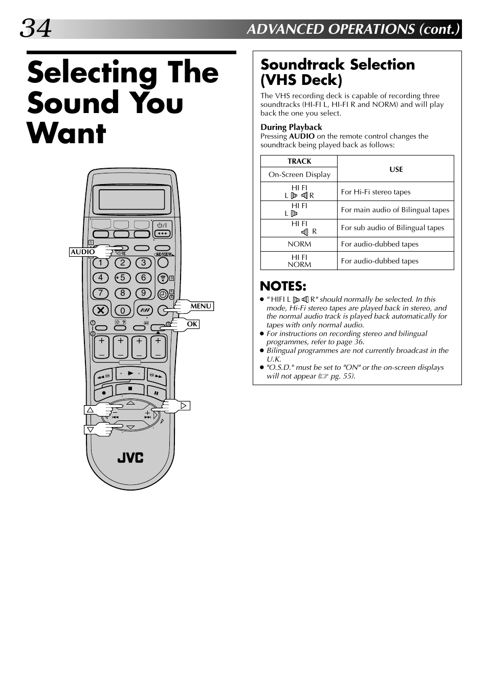 Selecting the sound you want, Advanced operations (cont.), Soundtrack selection (vhs deck) | JVC SR-VS20EK User Manual | Page 34 / 84