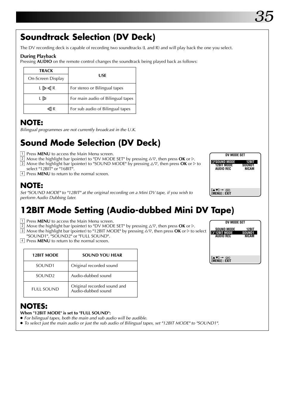 Soundtrack selection (dv deck), 12bit mode setting (audio-dubbed mini dv tape), Sound mode selection (dv deck) | JVC SR-VS20EK User Manual | Page 35 / 84