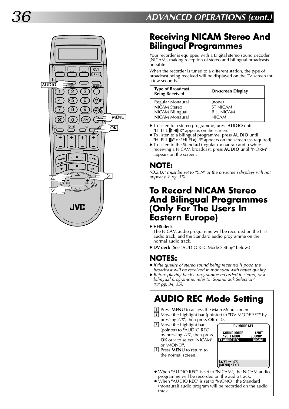 Advanced operations (cont.), Receiving nicam stereo and bilingual programmes, Audio rec mode setting | JVC SR-VS20EK User Manual | Page 36 / 84