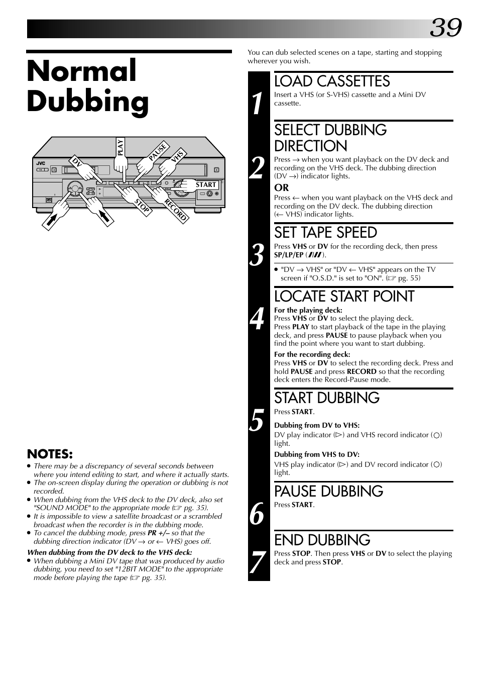Normal dubbing, Load cassettes, Select dubbing direction | Set tape speed, Locate start point, Start dubbing, Pause dubbing, End dubbing | JVC SR-VS20EK User Manual | Page 39 / 84