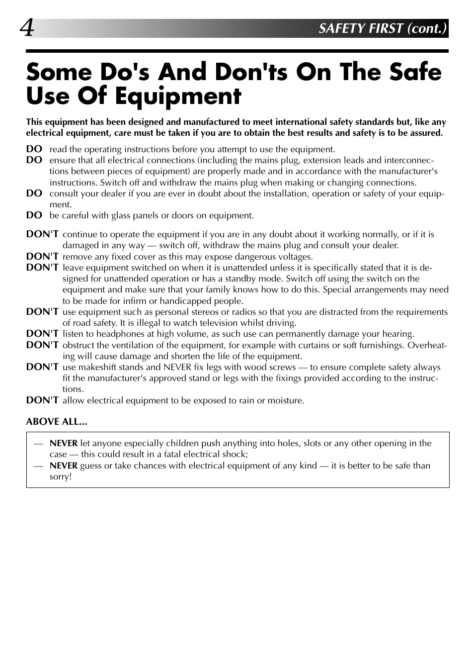 Some do's and don'ts on the safe use of equipment, Safety first (cont.) | JVC SR-VS20EK User Manual | Page 4 / 84