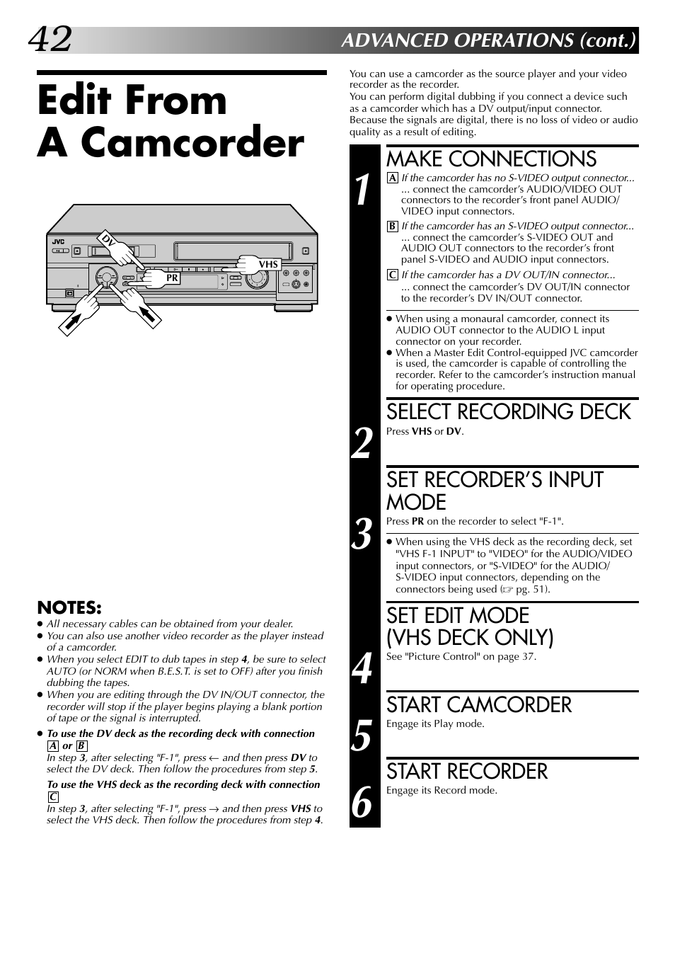 Edit from a camcorder, Make connections, Select recording deck | Set recorder’s input mode, Set edit mode (vhs deck only), Start camcorder, Start recorder, Advanced operations (cont.) | JVC SR-VS20EK User Manual | Page 42 / 84