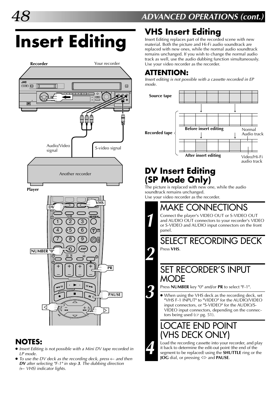 Insert editing, Make connections, Select recording deck | Set recorder’s input mode, Locate end point (vhs deck only), Advanced operations (cont.), Vhs insert editing, Dv insert editing (sp mode only), Attention | JVC SR-VS20EK User Manual | Page 48 / 84