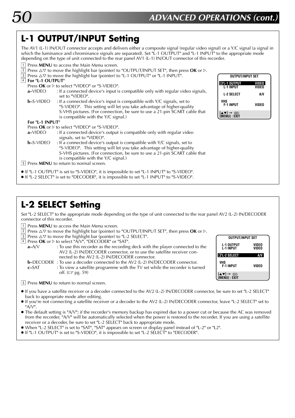 Advanced operations (cont.), L-1 output/input setting, L-2 select setting | JVC SR-VS20EK User Manual | Page 50 / 84