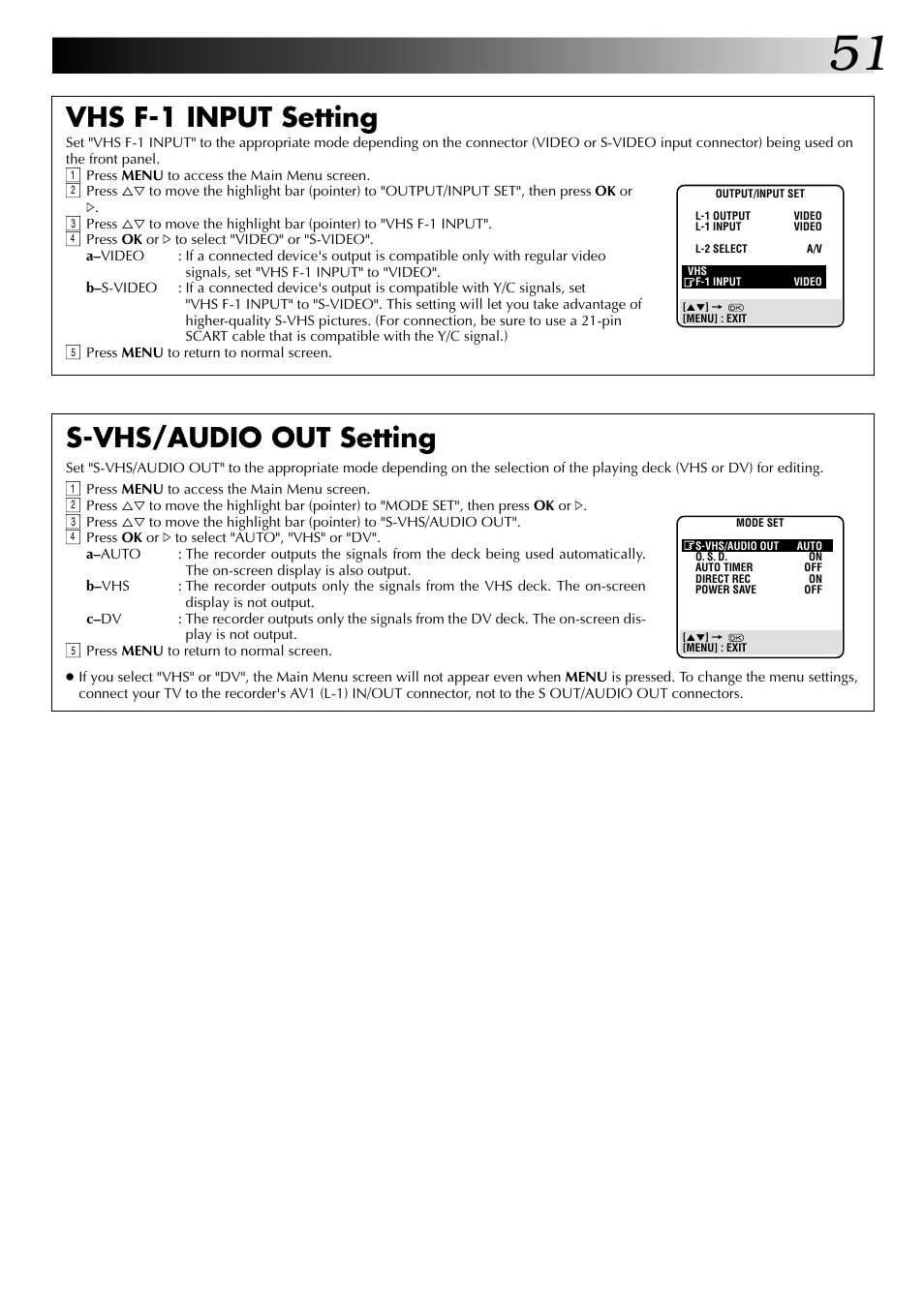 S-vhs/audio out setting, Vhs f-1 input setting | JVC SR-VS20EK User Manual | Page 51 / 84