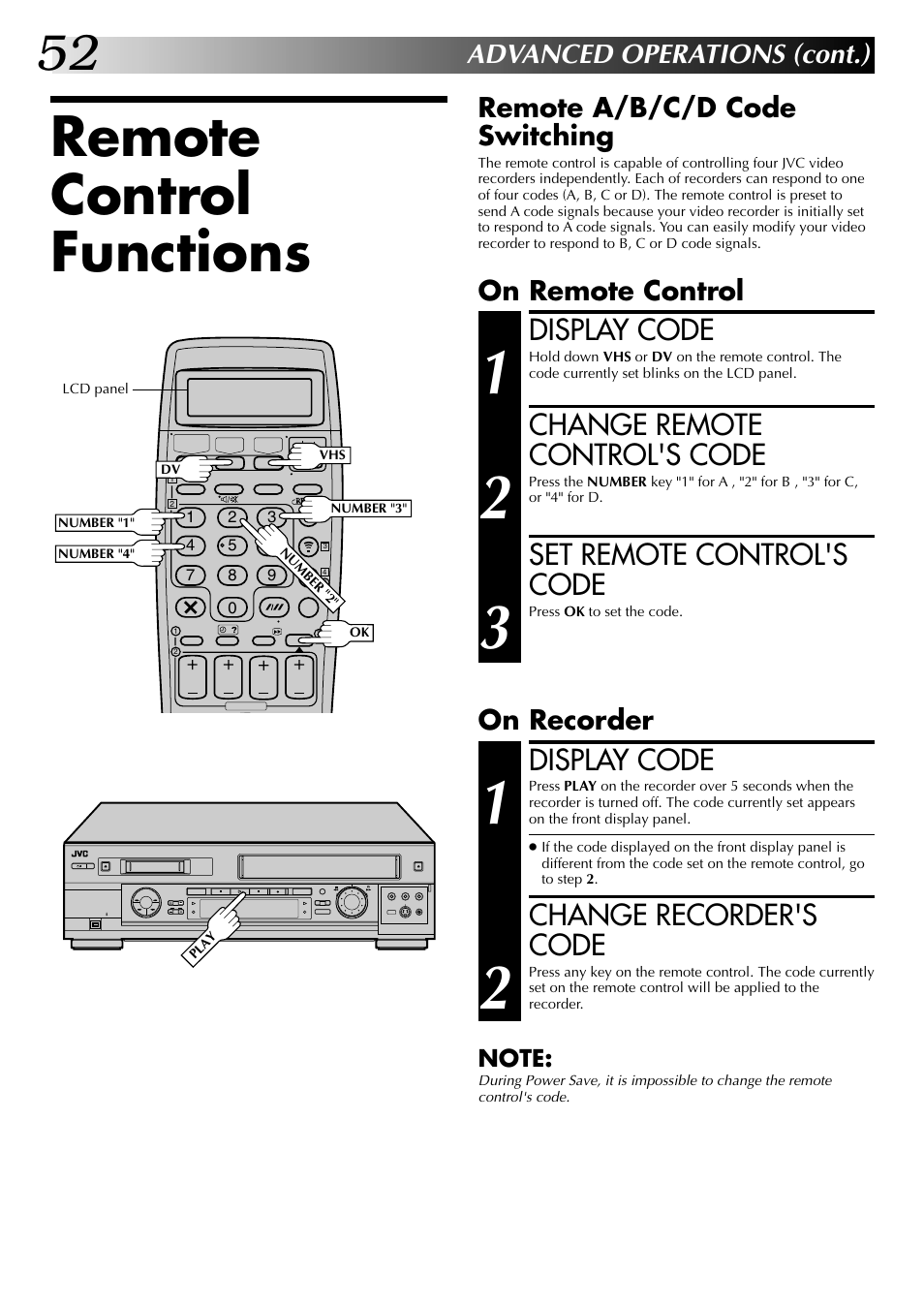 Remote control functions, Display code, Change remote control's code | Set remote control's code, Change recorder's code, Advanced operations (cont.) | JVC SR-VS20EK User Manual | Page 52 / 84