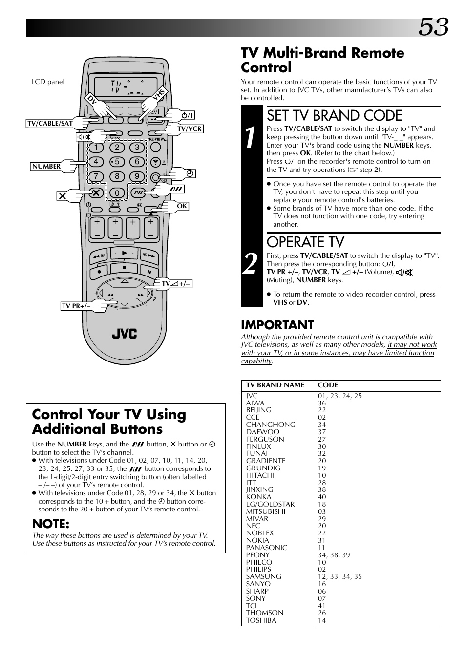 Set tv brand code, Operate tv, Control your tv using additional buttons | Tv multi-brand remote control, Important | JVC SR-VS20EK User Manual | Page 53 / 84