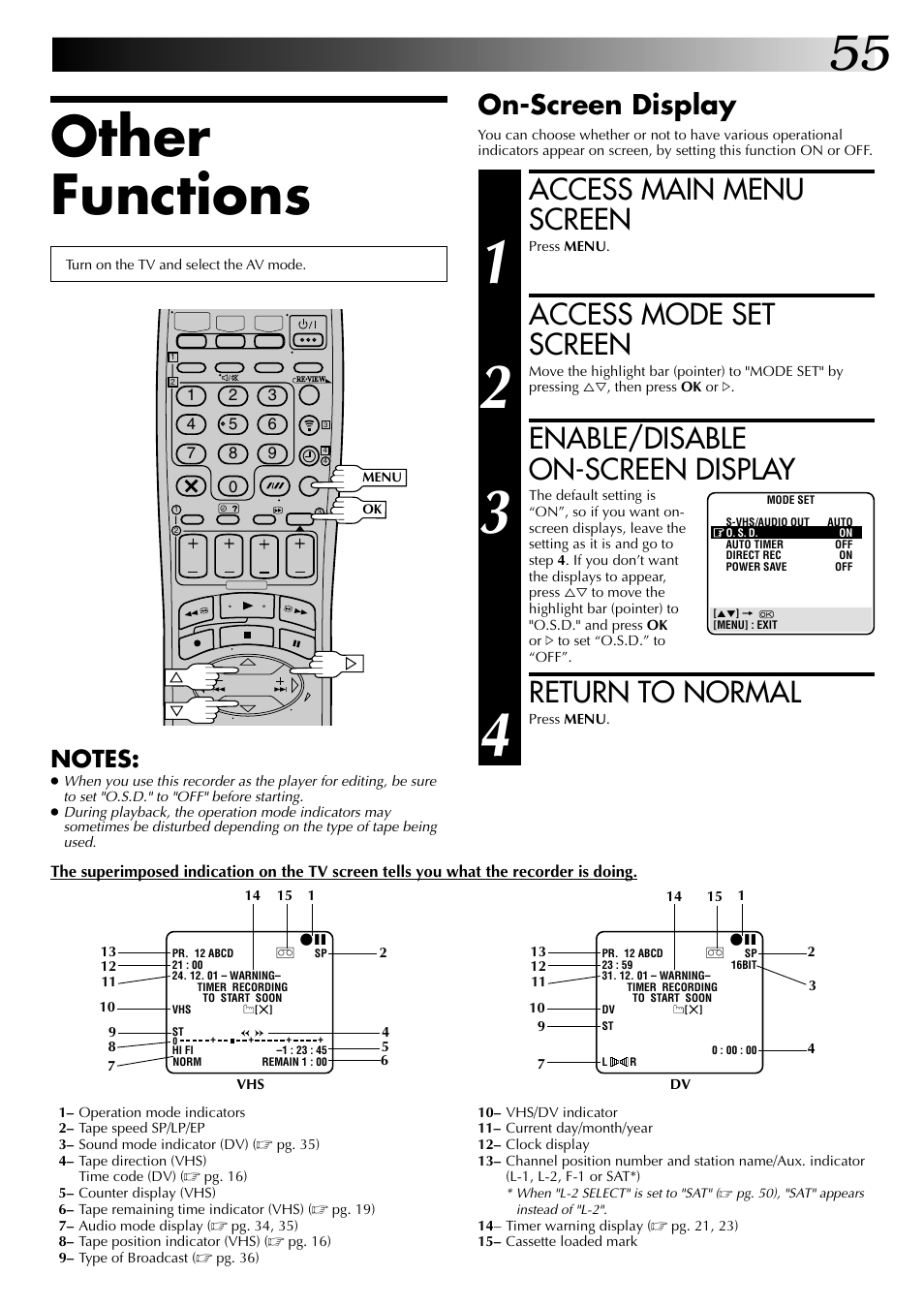 Other functions, Access main menu screen, Access mode set screen | Enable/disable on-screen display, Return to normal, On-screen display | JVC SR-VS20EK User Manual | Page 55 / 84