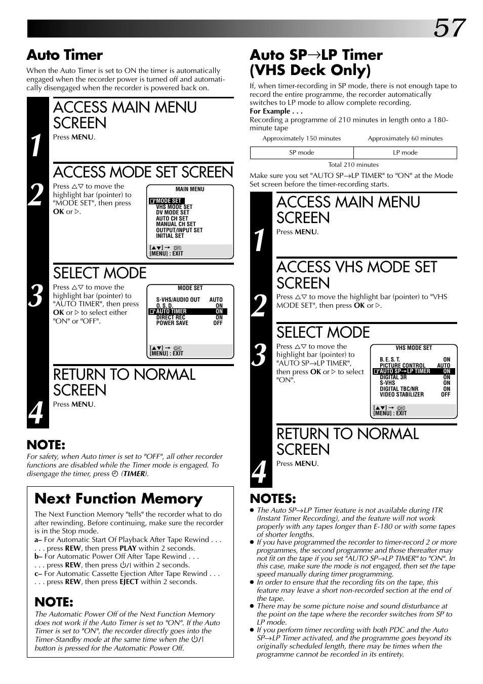 Access main menu screen, Access vhs mode set screen, Select mode | Return to normal screen, Access mode set screen, Auto sp → lp timer (vhs deck only), Auto timer | JVC SR-VS20EK User Manual | Page 57 / 84