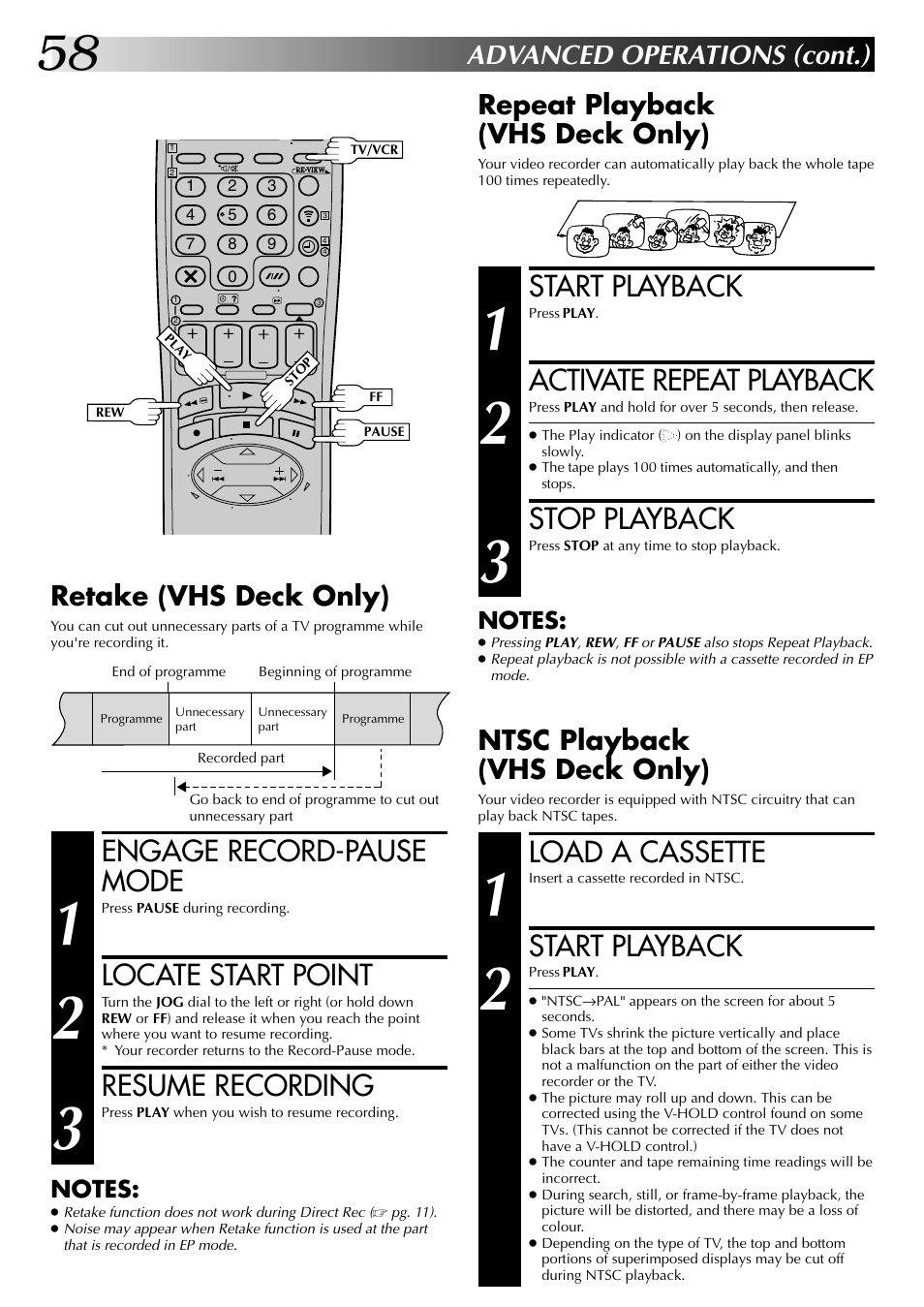 Start playback, Activate repeat playback, Stop playback | Load a cassette, Engage record-pause mode, Locate start point, Resume recording, Advanced operations (cont.), Repeat playback (vhs deck only), Ntsc playback (vhs deck only) | JVC SR-VS20EK User Manual | Page 58 / 84